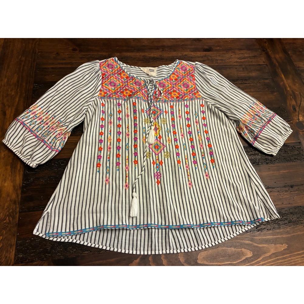 Savanna Jane Embroidered Top Floral Striped Tassel Flowy Blouse Women's Medium